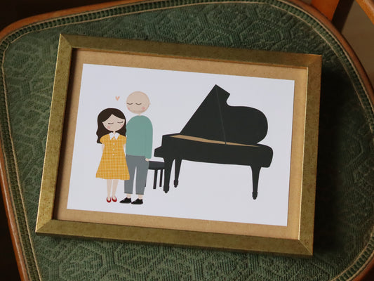 Art print featuring a cute couple and a piano by Jollie Bluebear