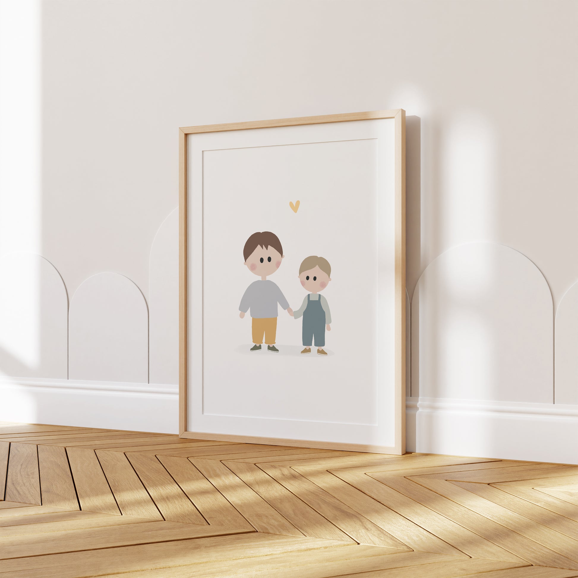 A beautifully illustrated art print featuring little brothers. This poster certainly brings joy and tenderness to your walls with soft pastel colors.
