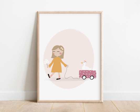A beautifully illustrated art print featuring a little girl going for a walk with a white goose. This poster certainly brings joy and tenderness to your walls with soft pastel colors.  The poster is cool for both little ones and grown-ups.