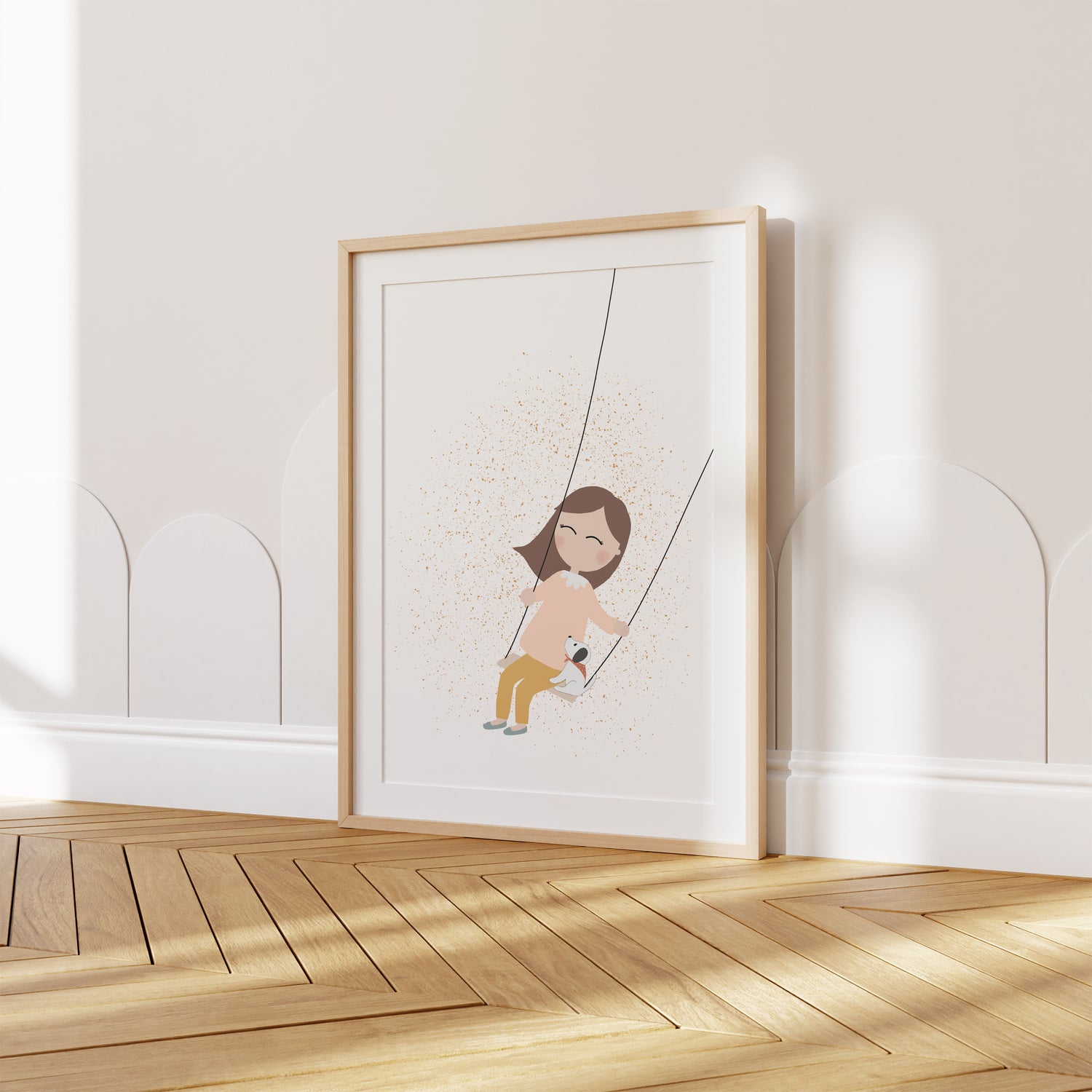 A beautifully illustrated art print featuring a little girl swinging on a swing with her white puppy. This poster certainly brings joy and tenderness to your walls with soft pastel colors.