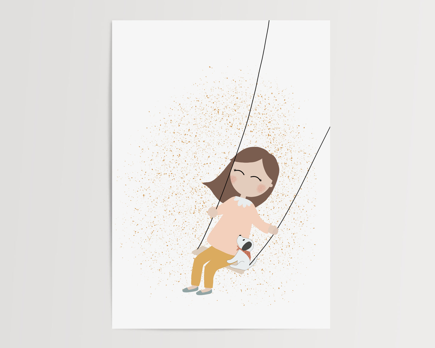A beautifully illustrated art print featuring a little girl swinging on a swing with her white puppy. This poster certainly brings joy and tenderness to your walls with soft pastel colors.