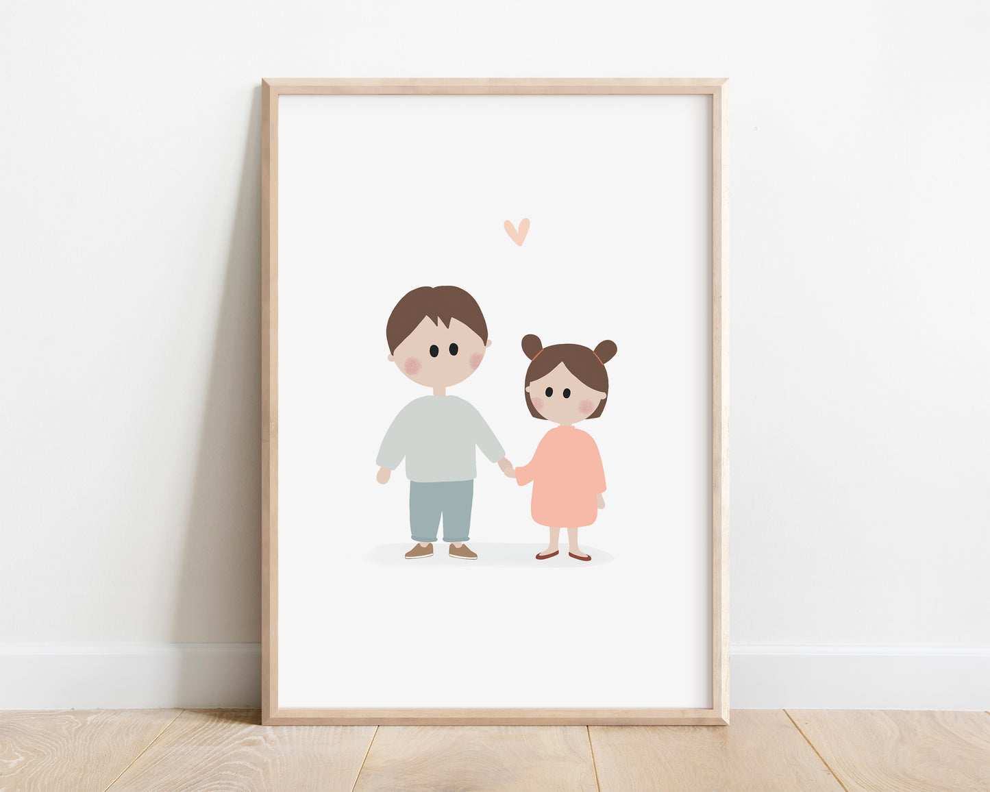 A beautifully illustrated art print featuring a little brother and his younger sister. This poster certainly brings joy and tenderness to your walls with soft pastel colors.