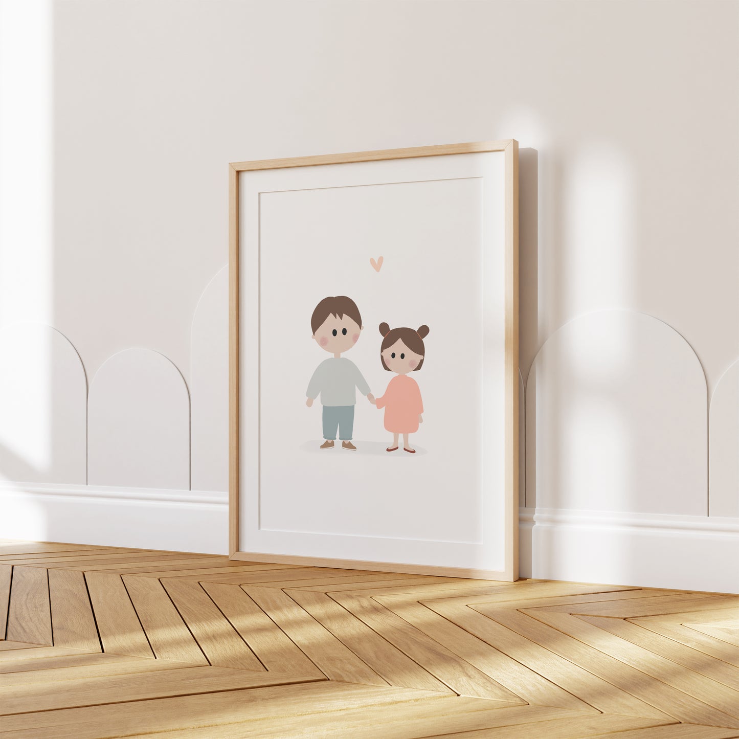 A beautifully illustrated art print featuring a little brother and his younger sister. This poster certainly brings joy and tenderness to your walls with soft pastel colors.