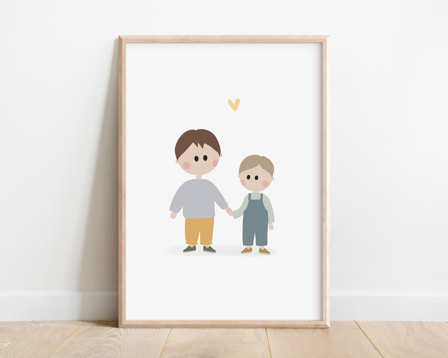A beautifully illustrated art print featuring little brothers. This poster certainly brings joy and tenderness to your walls with soft pastel colors.