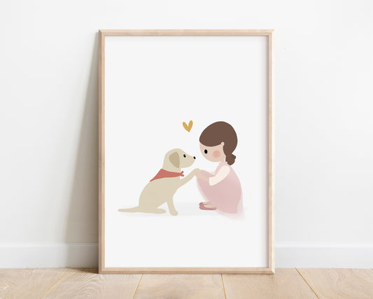 A beautifully illustrated art print featuring a little girl with her dog. This poster certainly brings joy and tenderness to your walls with soft pastel colors.