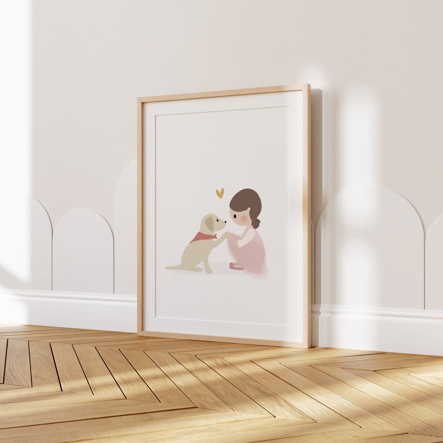 A beautifully illustrated art print featuring a little girl with her dog. This poster certainly brings joy and tenderness to your walls with soft pastel colors.