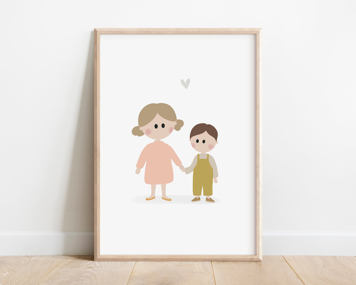 A beautifully illustrated art print featuring a little sister and her younger brother. This poster certainly brings joy and tenderness to your walls with soft pastel colors.