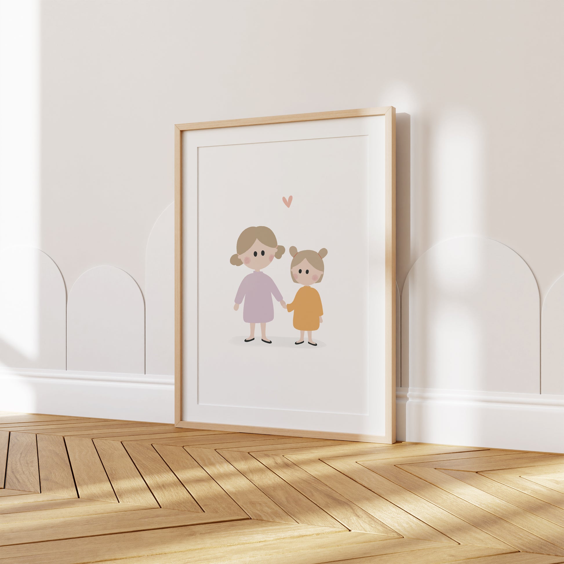 A beautifully illustrated art print featuring little sisters. This poster certainly brings joy and tenderness to your walls with soft pastel colors.