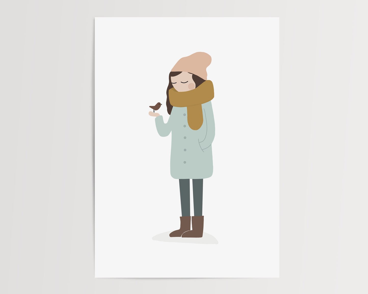 A girl wintery dressed while holding a bird illustration by Jollie Bluebear