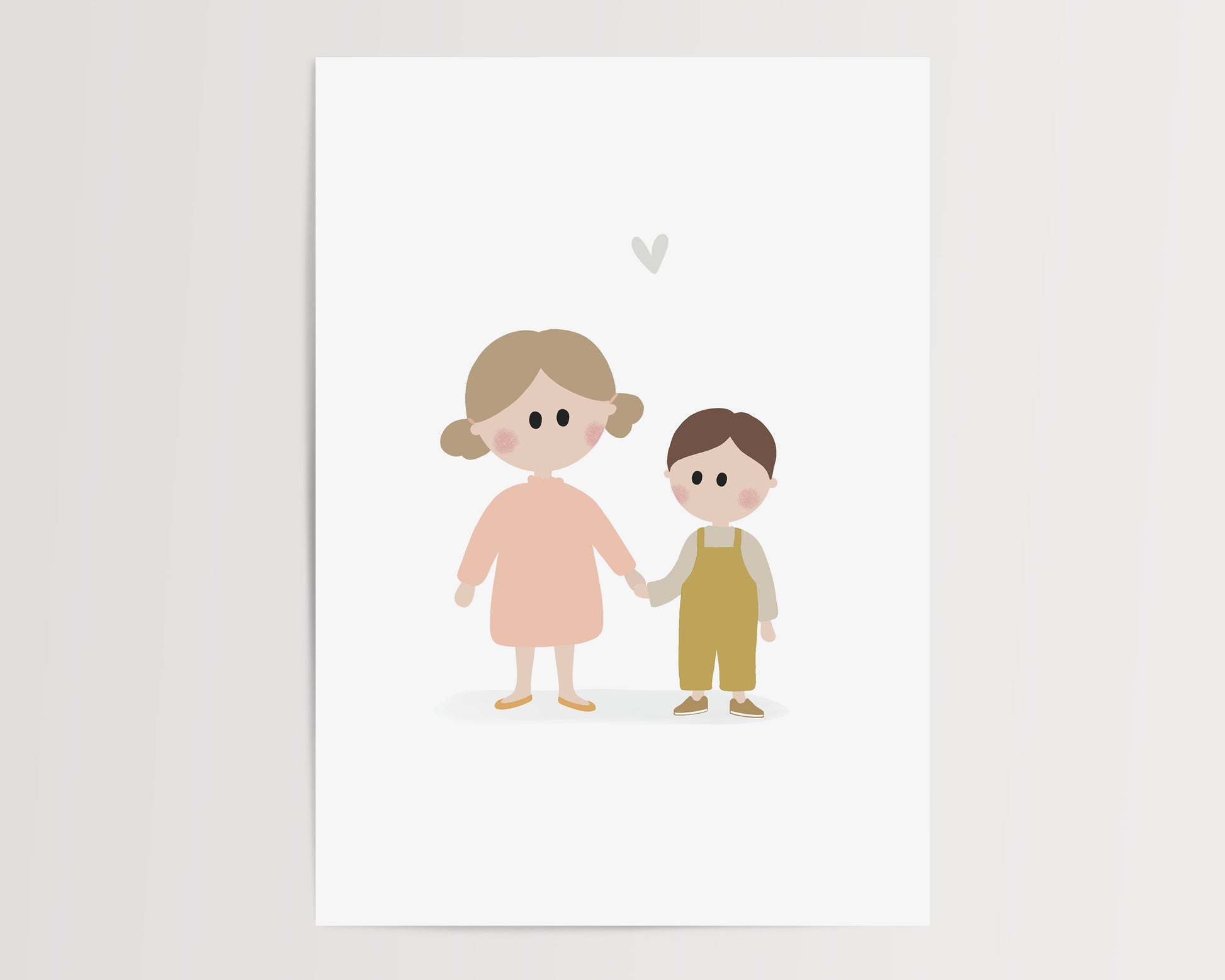 A beautifully illustrated art print featuring a little sister and her younger brother. This poster certainly brings joy and tenderness to your walls with soft pastel colors.