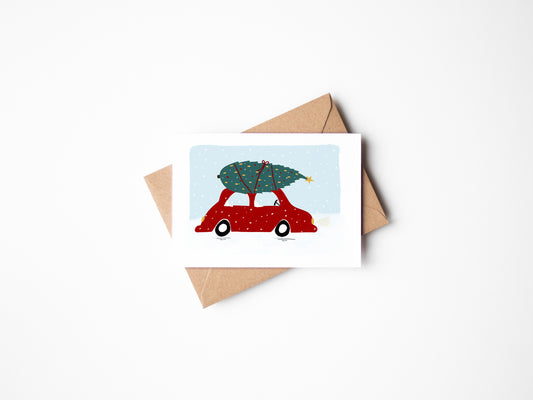 Car with a Christmas Tree Card by Jollie Bluebear